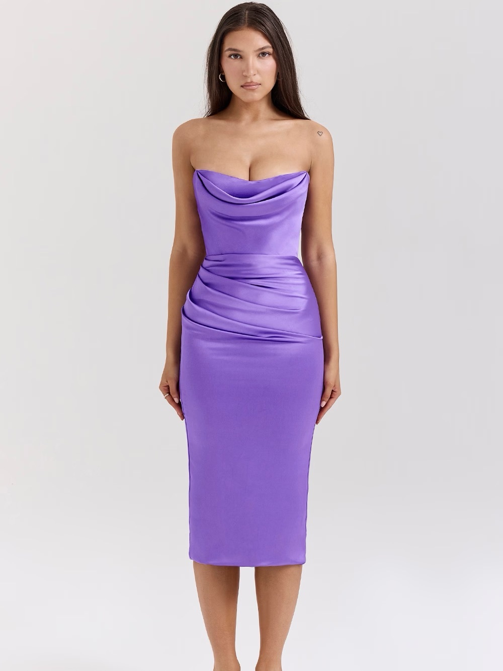 House of CB 'Santana' violet satin strapless corset midi dress